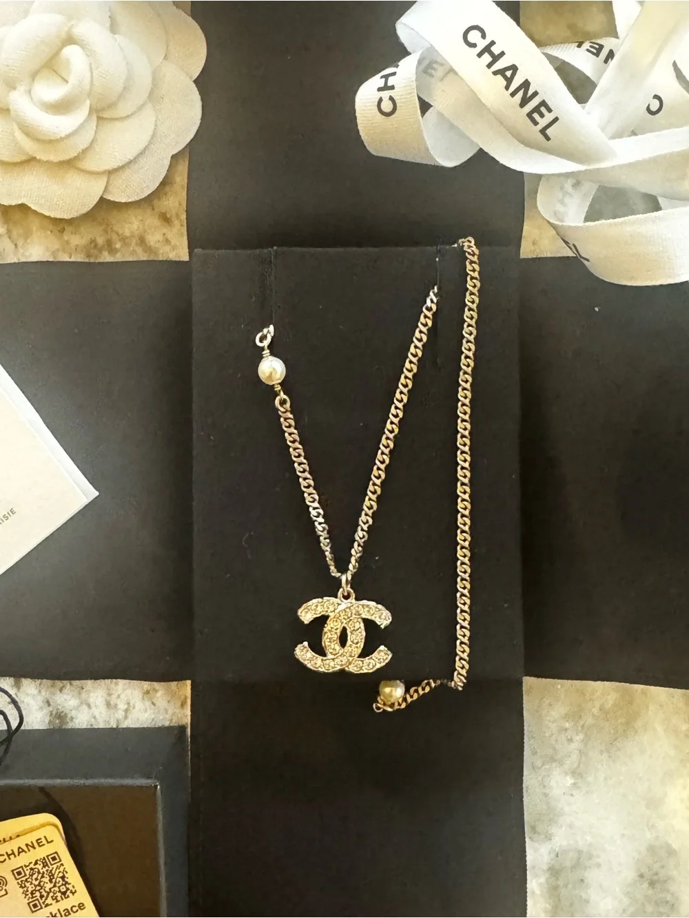 CHANEL Gold CC Logo Chain Necklace with Pearl Accent-21A